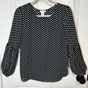 Womens Black White Polka Dot Bishop Sleeve Blouse Top Kenar Size S Parisian Chic